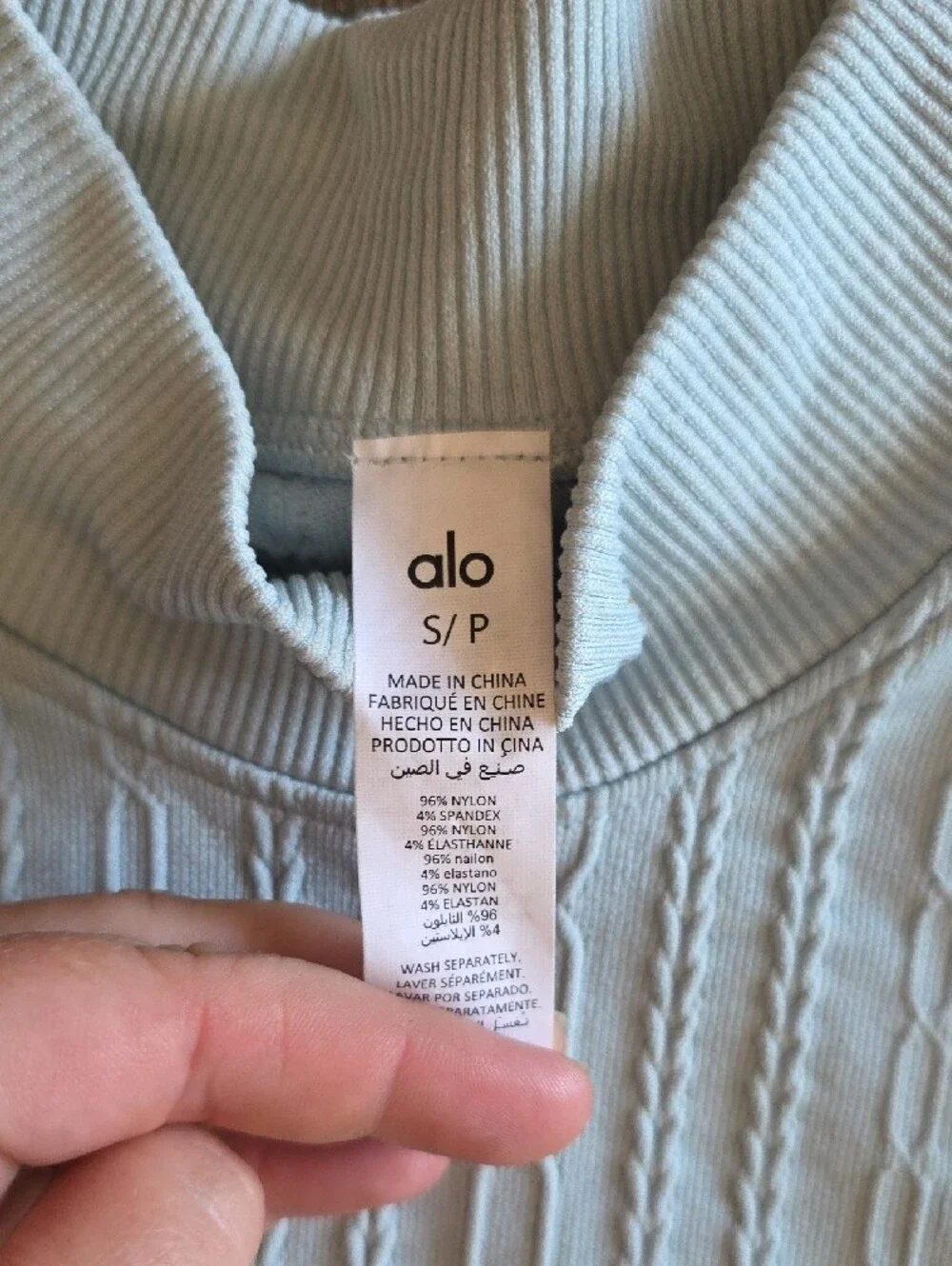 ALO Yoga Pale Blue Cable-Knit Cropped Mock Neck Pullover